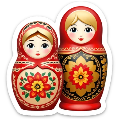 Wood painting icon, painted wooden matryoshkas (nesting dolls) of various sizes, vase, small wooden box, visible carving tools, paintbrushes, traditional patterns in bright colors like red, gold, and black, no finished artwork, just the crafting process, minimalistic style, clean lines, transparent background. sticker