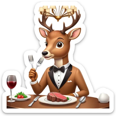 A deer wearing a fancy bowtie, sitting at a restaurant table, eating a steak with a fork and knife, surrounded by elegant decor, in a playful and cartoonish style. sticker