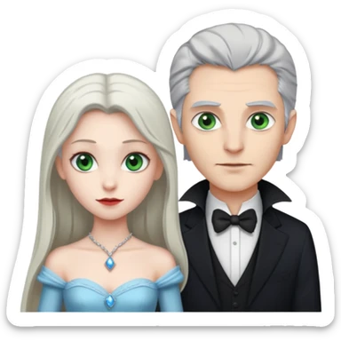 A tall vampire man with gray hair and blue eyes standing by a princess with light brown hair and green eyes sticker