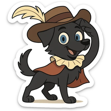 A cute small dog with sleek black fur, bright blue eyes, and a playful expression, dressed as a musketeer. The dog is wearing a classic musketeer hat with a feather, a tiny cape, and a ruffled collar. The dog is playfully saluting with a paw raised in a noble gesture. sticker