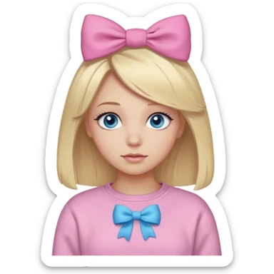 Emoji blonde girl with blue eyes and she has a very soft sweatshirt, she also has a pink bow in her hair and beautiful long eyelashes sticker
