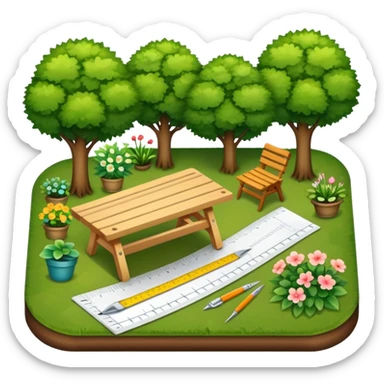 Icon for Landscape Design: a garden layout with trees, plants, pathways, and outdoor furniture, along with design tools like a ruler and sketchpad. The icon should represent the creativity and planning behind landscape design. Transparent background. sticker