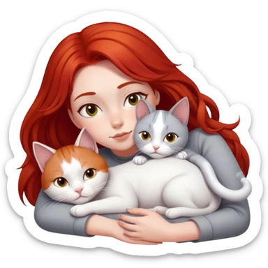 Girl with red hair laying down cuddling grey and white cat  sticker