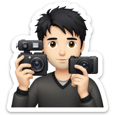 a man with black messy hair with one camera taking a photo sticker
