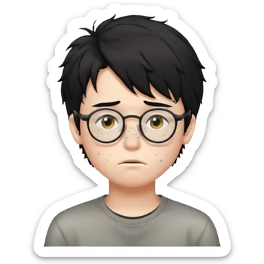 
young boy, 16 years old, messy black hair, glasses, sad face emoji sticker