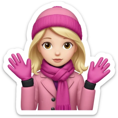 The girl is wearing a warm pink winter coat and a pair of woolen gloves. sticker