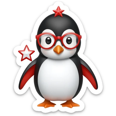 Pingüino color rojo con blanco y lentes en forma de estrella color celeste sticker