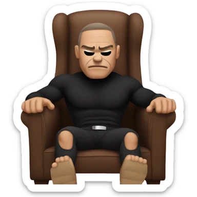 muscle man in black turtleneck shirt and black pants sitting in chair with head down sticker
