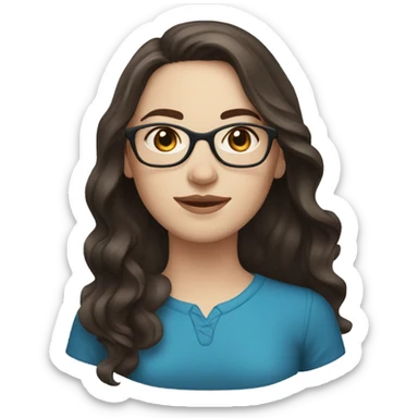 woman with pale skin, long dark brown wavy hair, blue eyes and glasses sticker
