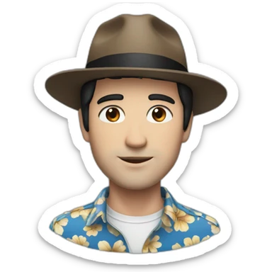 White Man with black hair, strip blue flowered shirt, brown hat sticker