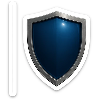 shield facing exactly straight forward with no tilt, simplified design, deep rich blue shiny glass-like center matching the reference, metallic border, no point at the top, no symbols, no sword sticker
