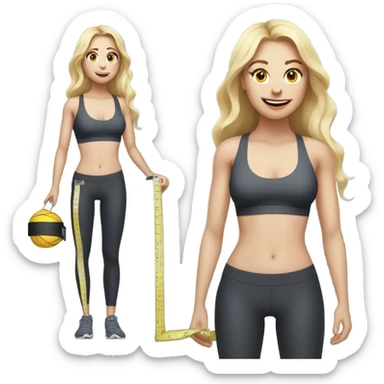 Woman, white skin, pale skin, long hair, blonde hair, wavy hair, standing, sports bra, leggings, tape measure around waste sticker