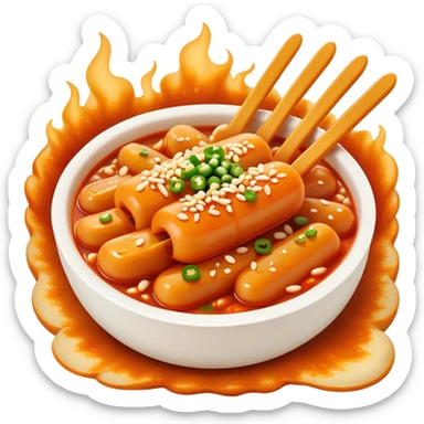 Cinematic Realistic Tteokbokki Dish Emoji, showcasing spicy, chewy rice cakes in a fiery sauce rendered with lifelike detail and bold, dynamic lighting. sticker