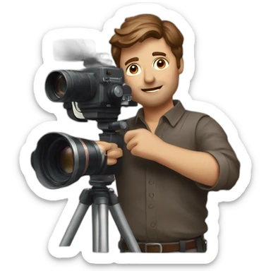 European film director with brown piled short hair holding a cinema camera sticker