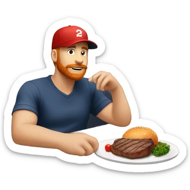 White guy with small red beard and baseball hat eating steak at table alone  sticker