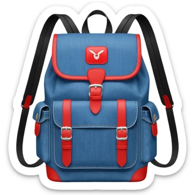 a blue denim backpack with a flap top, two vertical black buckle straps on the front. The backpack has two side pockets and a soft square shape. at front view bottom pocket, red and white two divided logo 

 sticker