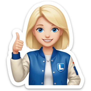 smiling girl in letterman jacket Blue eyes thumbs up  sticker