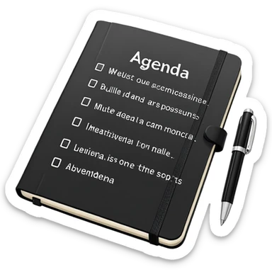A professional-looking black Moleskine notebook opened flat showing a page with 'AGENDA' written at the top and a neat list of bullet points for meeting items sticker