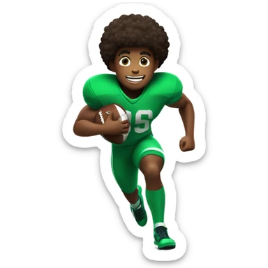 Muscular Afro teenage boy  in green footage uniform running fast with a football in his hand. sticker