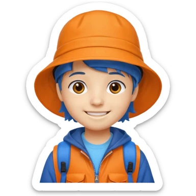 A little student with bucket hat, orange jacket, blue backpack sticker
