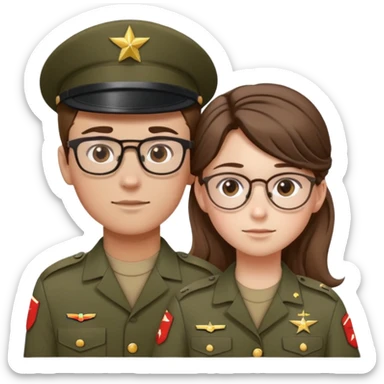 A teen boy with wavy brown hair covering his forehead head with glasses and wearing an army uniform holding hands with a girl with brown hair in a slick back ponytail and freckles with hazel eyes and nice eyelashes also in a army uniform  sticker