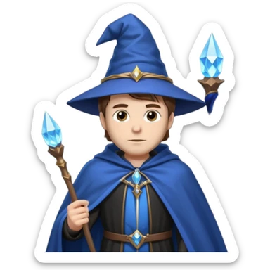 A white-skinned man with brown hair stands in sharp black clothing. He wears a pointed wizard hat and cape, holding a wooden staff crowned with a glowing blue crystal. His calm expression and steady posture suggest quiet mastery and a blend of magic, mystery, and modern elegance. sticker