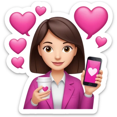 Social media manager. She has dark brown hair, brown eyes, a friendly smile. She is holding a smartphone and a coffee cup. Include subtle marketing elements like small icons of hashtags or a speech bubble with a heart, instagram logo. Use vibrant colors with a focus on pink and fuchsia tones. sticker