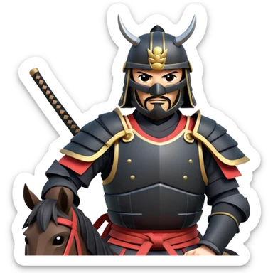 clash-of-clans-aesthetic_-cinematic-fearsome-and-majestic-samurai-bust-portrait-emoji, rendered in a flat, vector-style with minimal shading and bold, simplified shapes typical of emoji art, depicting a battle-hardened samurai with black mask and traditional black Japanese armor. The samurai is riding a noble grey warhorse adorned with an intricately designed saddle and fluttering banners and a rising sun. a samurai on a   horse sticker