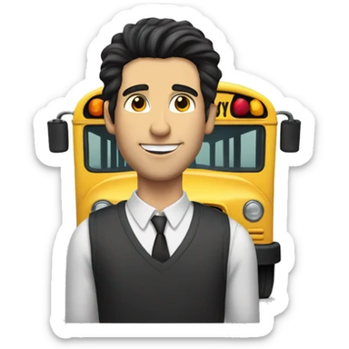 handsome black-haired white man with his hair combed back leaning against the school bus
 sticker