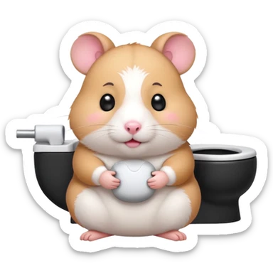 Cute chubby cartoon-style hamster sitting on toilet, sticker-style illustration sticker
