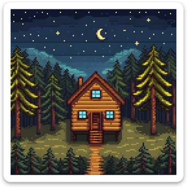wooden house in a pine forest at night with stars in the sky sticker
