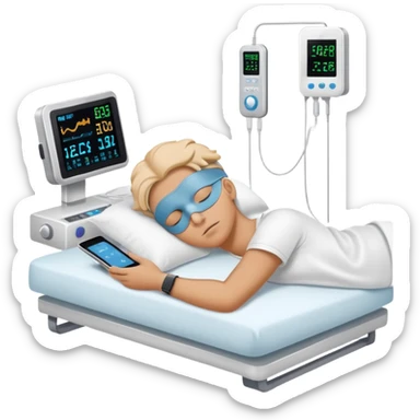 Sleep laboratory with sleep monitoring equipment, bed with person sleeping, brain wave monitors sticker