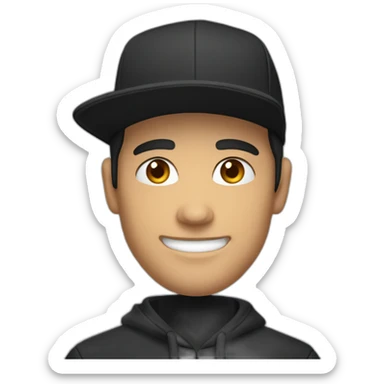 Strong smiling Male caucasian Designer With black hair wearing flat bill hat and black hoodie sticker