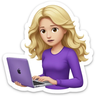 lady with long blonde wavy hair, purple top throwing her with a laptop looking defeated sticker