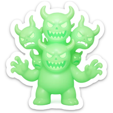 terrifying monster with multiple heads, twisted horns, clawed hands, eerie green glow, vinyl figure style sticker