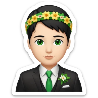 black haired green eyes very plump lips and floral headband that makes his hair look behind nicole peltz at wedding sticker