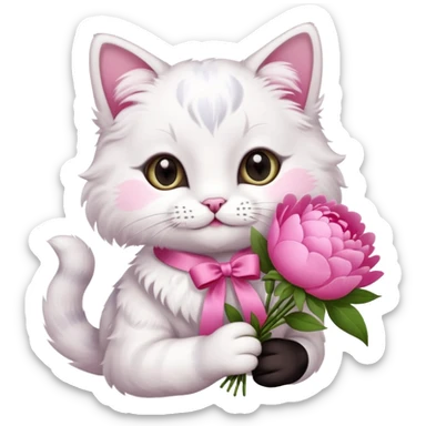 Can you make a cute cat handing out peonies bouquet with a coquette on the boquette sticker