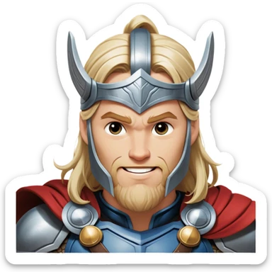 Cinematic Realistic Thor Portrait, head tilted playfully and inquisitively, showcasing his robust form and a warm, disarming smile. His expressive eyes and detailed armor are captured with lifelike clarity, as soft natural highlights reveal a side of the mighty god that is both approachable and full of mirth. sticker