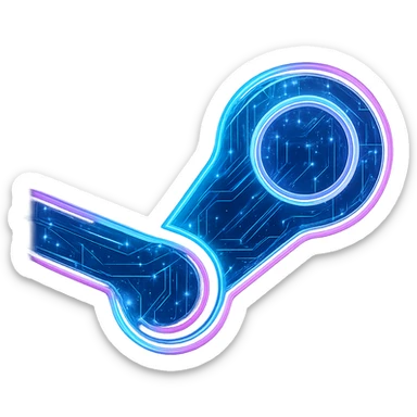 Transform the Steam icon into a cyberpunk, holographic style with glowing neon blue and pink edges, circuit patterns throughout, and a transparent background. Retain the recognizable Steam logo, but overlay neon and circuit effects in the same futuristic, clean style as the previous cyberpunk folder and file explorer icons. No circle or base, just the icon itself. sticker
