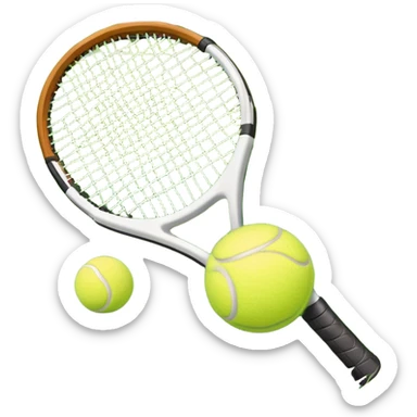A tennis racket and a ball placed on a grassy court, with the net visible in the background. The scene captures the elegance and energy of the sport, with a vibrant green court and soft sunlight highlighting the equipment. sticker
