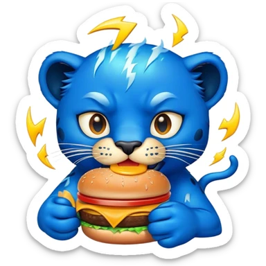 A burger with blue glue with a panther that is blue with lightning coming out of his eyes eating the burger sticker