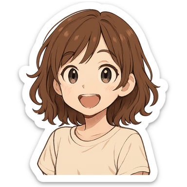 a girl with brown, slightly wavy hair, cute and expressive sticker