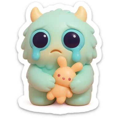 fluffy monster with oversized eyes, tears falling, comforting itself with a plush toy, gentle colors, vinyl figure style sticker