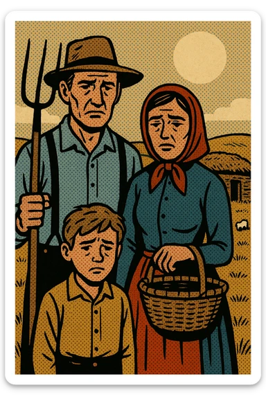 A sad homestead farming family from the 1860s standing in front of their sod house on the Great Plains. The father is holding a pitch fork and the mother is carrying an empty basket. The land in the background is grassland with a few grazing sheep sticker