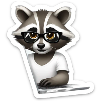 racoon wearing glasses and white tee working on a black laptop sticker