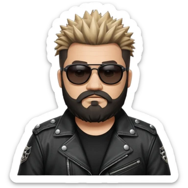 biker gang with black sunglass and rugged and fat guy bearded spicks hair black jacket sticker