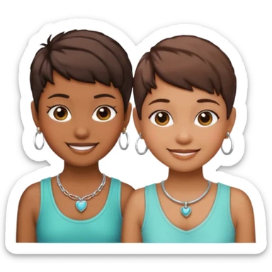 Do two best friend emojis one brown skin one fair skin with pixie cuts with hoop earrings and necklace sticker
