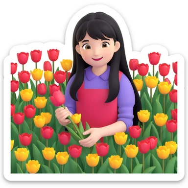 girl with long black hair and thin bangs, smiling while picking tulips in a garden sticker