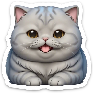 Cinematic Cute Chubby Grey Scottish Fold Cat Portrait Emoji, Head tilted playfully and yawning, round and plump body with sleek soft grey fur and subtle blue undertones, adorable folded ears, Simplified yet adorable features, highly detailed, glowing with a warm, friendly glow, high shine, curious yet calm, stylized with a touch of whimsy, bright and endearing, soft glowing outline, capturing the essence of a mischievous yet loving and lazy kitty with those signature folded ears, so cute it feels like it could stretch out of the screen and cuddle! sticker