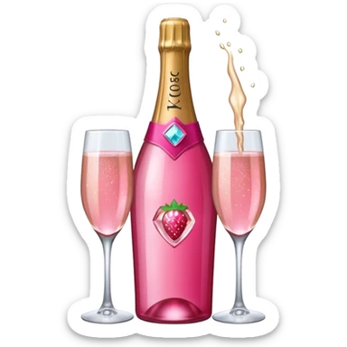 Realistic sparkling diamond glam hot pink champagne bottle with hot pink champagne in glass with strawberry ì> sticker